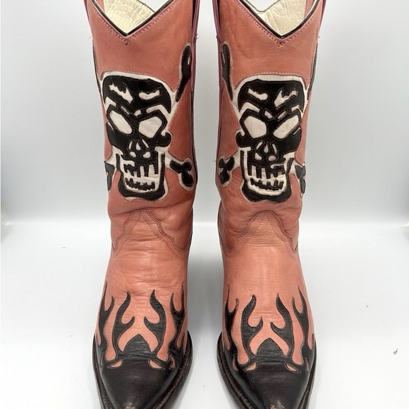 Corral Pink and Black Skull Flame Heeled Boots - Picture 2 of 7